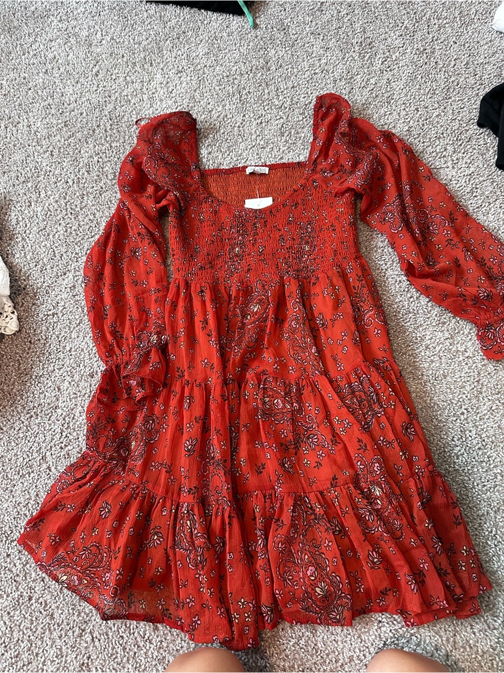 Patrons of Peace Rust Red Paisley Smocked Tiered Dress